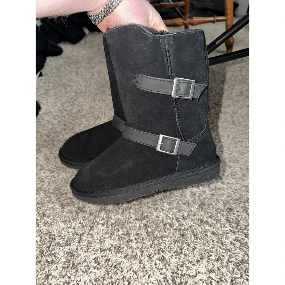 BearPaw‎ Valerie Cow Suede Faux Leather Lined Mid Calf Boots Black Womens 7 NWT